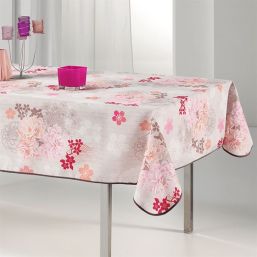 Tablecloth anti-stain beige with pink flowers | Franse Tafelkleden