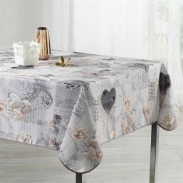 Tablecloth anti-stain gray with hearts | Franse Tafelkleden