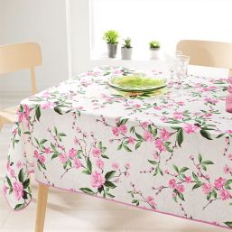 Tischdecke Anti-Fleck weiß mit rosa Blüten | Franse Tafelkleden