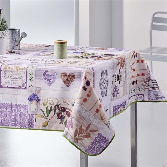 Nappe de table violet avec lavande et olives