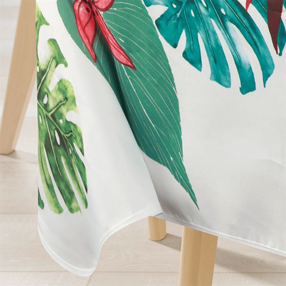 Tischdecke Polyester Ecru mit Monstera-Blättern | Franse Tafelkleden