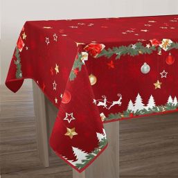 Nappe de table anti-tache rectangulaire rouge avec sapins de Noël blancs et rennes