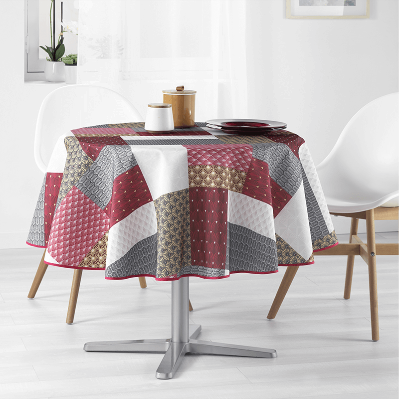Nappe en polyester rouge-blanc à motif patchwork | Franse Tafelkleden