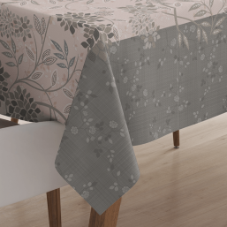 Tischdecke Polyester grau, rosa mit Blumen | Franse Tafelkleden