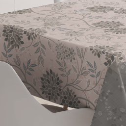 Tischdecke Polyester grau, rosa mit Blumen | Franse Tafelkleden