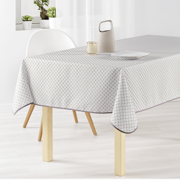 Taupe with ochre polyester stain-resistant tablecloth with modern print.