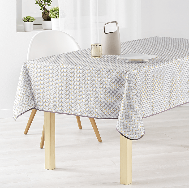 Taupe with ochre polyester stain-resistant tablecloth with modern print.