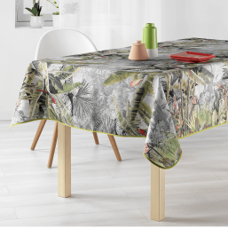 Grey and green polyester tablecloth with palm leaves and tropical birds
