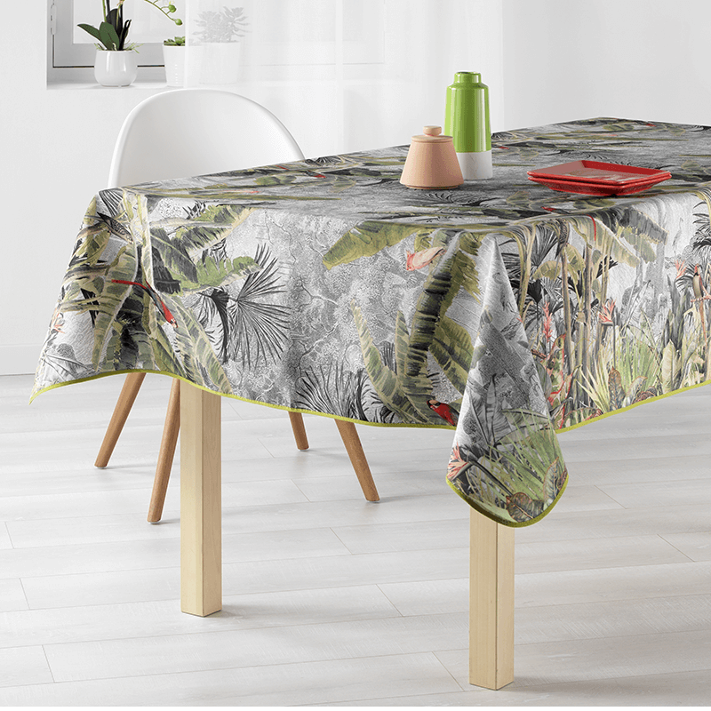 Nappe en polyester gris et vert avec des feuilles de palmier et des oiseaux tropicaux