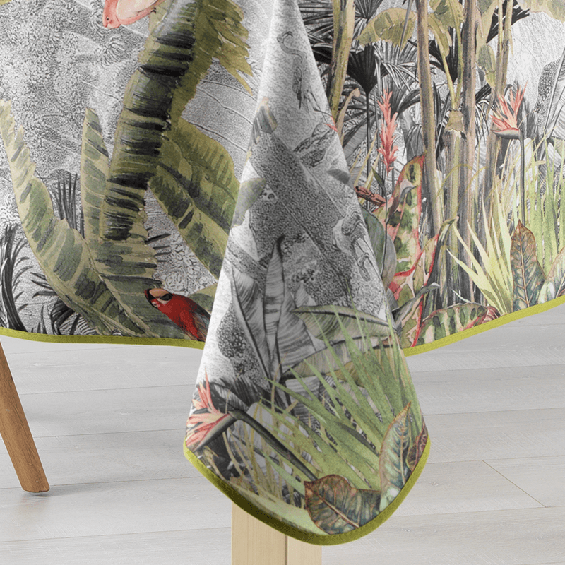 Tischdecke wasserabweisend grau, grüner Dschungel | Franse Tafelkleden