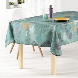 Dark green polyester tablecloth with leaves, circles, and dragonflies.
