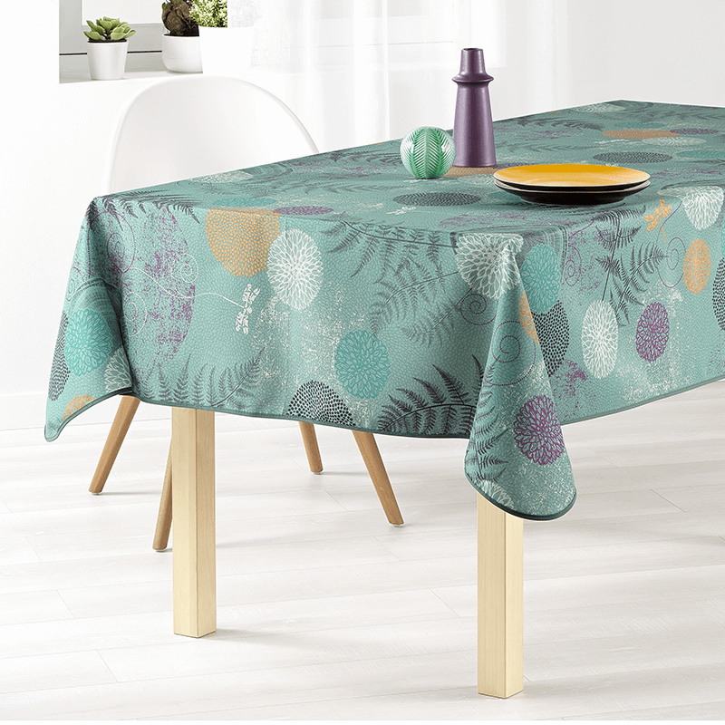 Dark green polyester tablecloth with leaves, circles, and dragonflies.