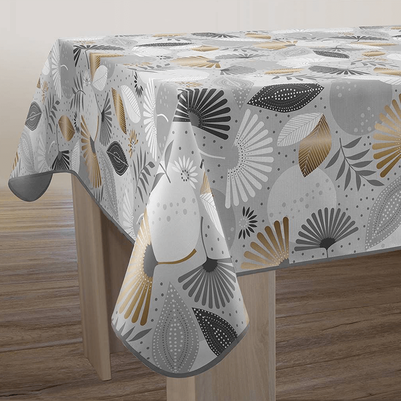 Grey polyester tablecloth with palm leaves - Franse Tafelkleden.