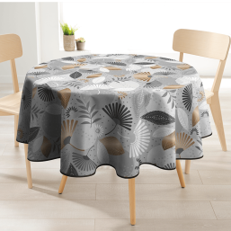 Grey round polyester tablecloth with palm leaves - Franse Tafelkleden.