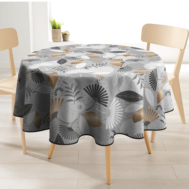 Grey round polyester tablecloth with palm leaves - Franse Tafelkleden.