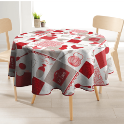 White and red polyester round tablecloth with chicken print.