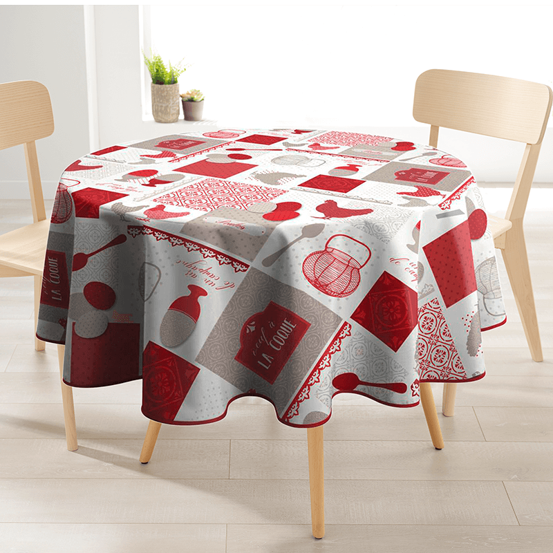 White and red polyester round tablecloth with chicken print.