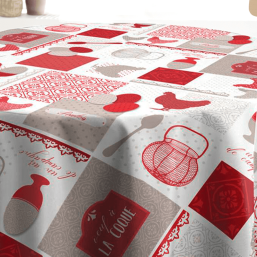 Nappe rouge avec des poulets en polyester anti-taches | Franse Tafelkleden