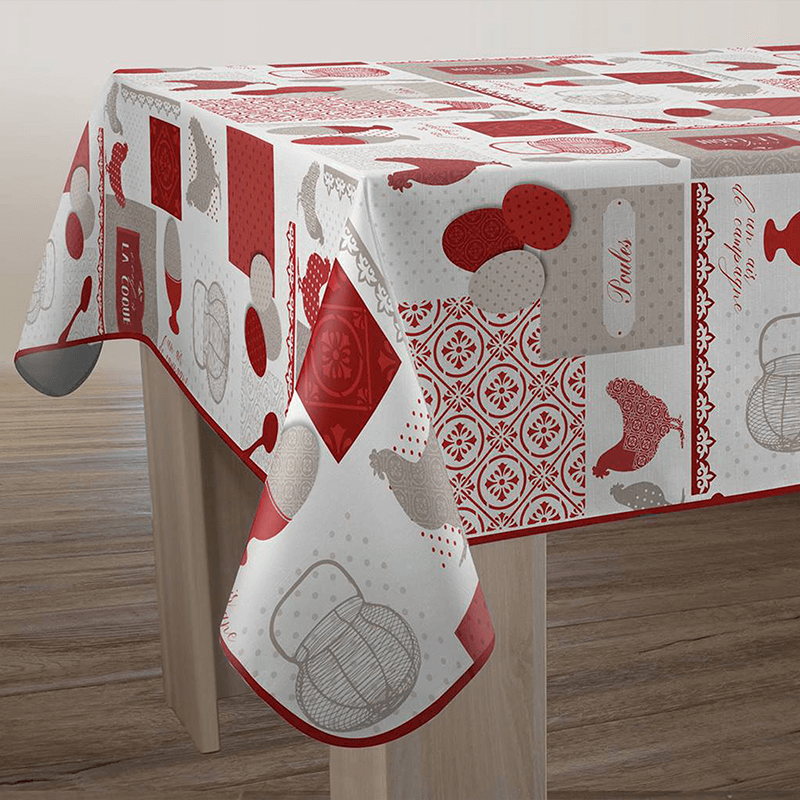 White and red polyester tablecloth with chicken print.