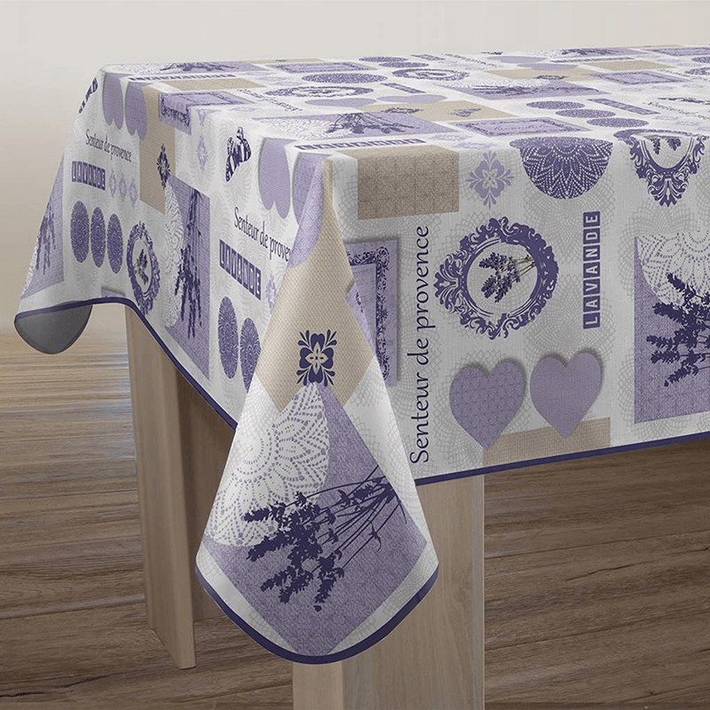 Ecru with lilac polyester stain-resistant tablecloth from Franse Tafelkleden.