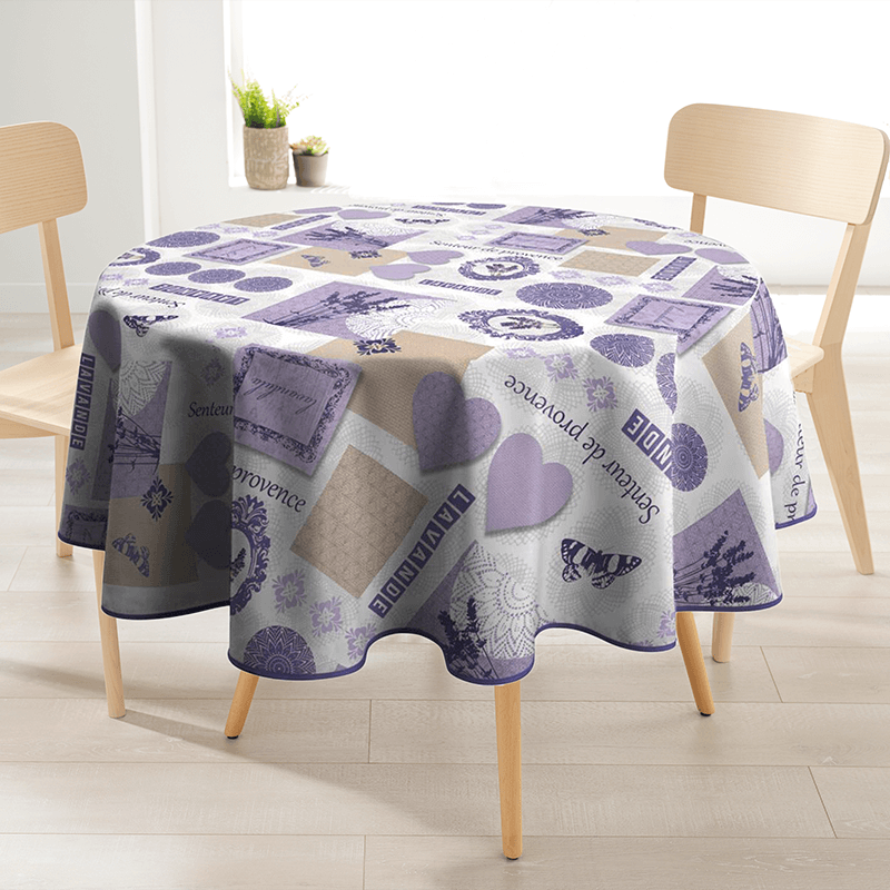 Ecru with lilac round polyester stain-resistant tablecloth from Franse Tafelkleden.