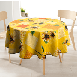 Yellow polyester round tablecloth with sunflower print from Franse Tafelkleden.