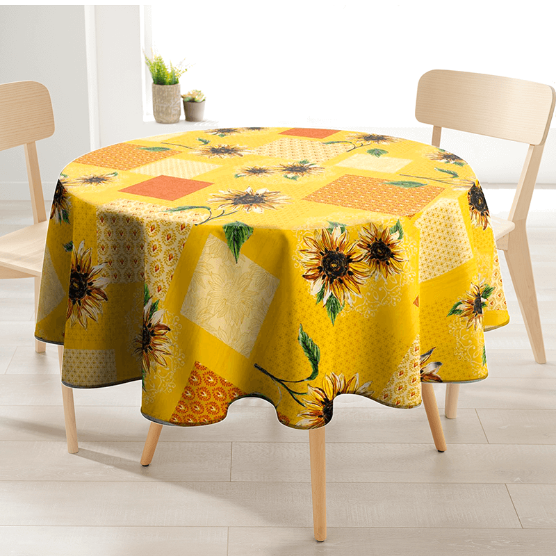 Yellow polyester round tablecloth with sunflower print from Franse Tafelkleden.