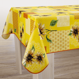 Geel polyester tafelkleed met zonnebloemprint van Franse Tafelkleden.