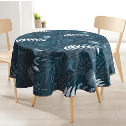 Round dark green polyester stain-resistant tablecloth with ginkgo print