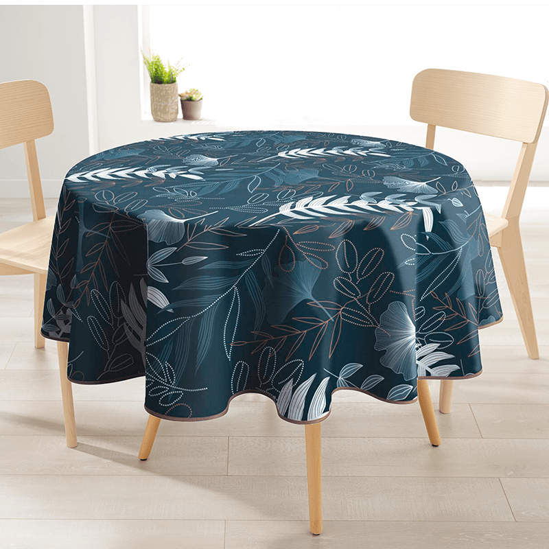 Round dark green polyester stain-resistant tablecloth with ginkgo print