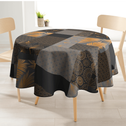 Nappe rond en polyester noir-gris anti-taches avec des feuilles de ginkgo.