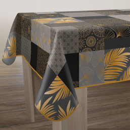 Black-grey polyester stain-resistant tablecloth with ginkgo leaves.