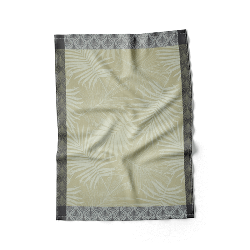 100% cotton kitchen towel by Franse Tafelkleden with palm leaf print.