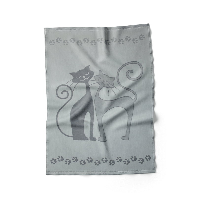 Grey cotton kitchen towel with taupe cat print, French Tafelkleden.