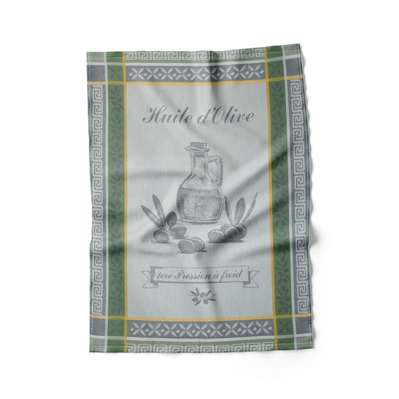 Grey and green kitchen towel with olive print from Franse Tafelkleden.