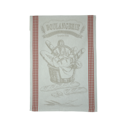 Gray and red 100% cotton kitchen towel with ''boulangerie'' print