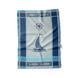 Grau-blaues 100% Baumwoll-Küchentuch mit Segelboot und Fischen von Französische Tischdecken.