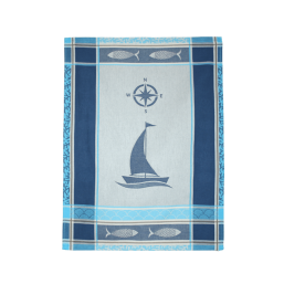 Gray-blue 100% cotton kitchen towel with sailboat and fish from French Tablecloths.