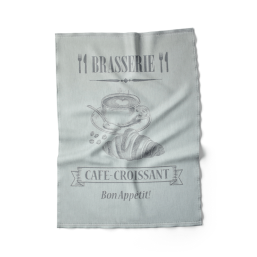 Grijze katoenen keukenhanddoek met koffie en croissant print van Franse Tafelkleden.