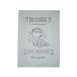 Gray cotton kitchen towel with coffee and croissant print by French Tafelkleden.