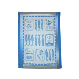 Grey cotton kitchen towel with blue accents and woven sardines from Franse Tafelkleden.