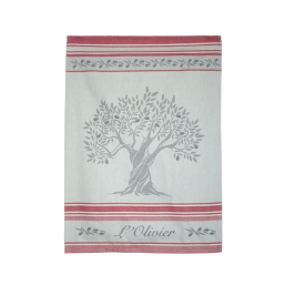 Gray and red kitchen towel with woven olive tree print from Franse Tafelkleden.