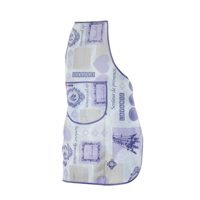 White kitchen apron by Franse Tafelkleden with lavender print and text "Senteur de Provence".