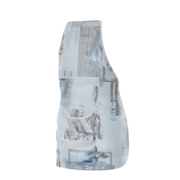 White or taupe polyester apron with beach and wood print.