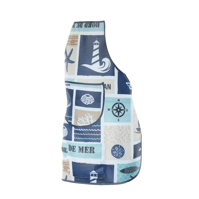 Blue and beige polyester kitchen apron with beach theme, boats, and lighthouses.