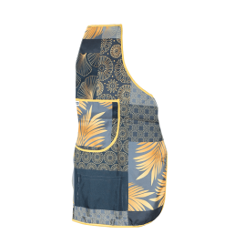 Polyester keukenschort met grijs-zwarte ginkgo en palm bladerenprint.