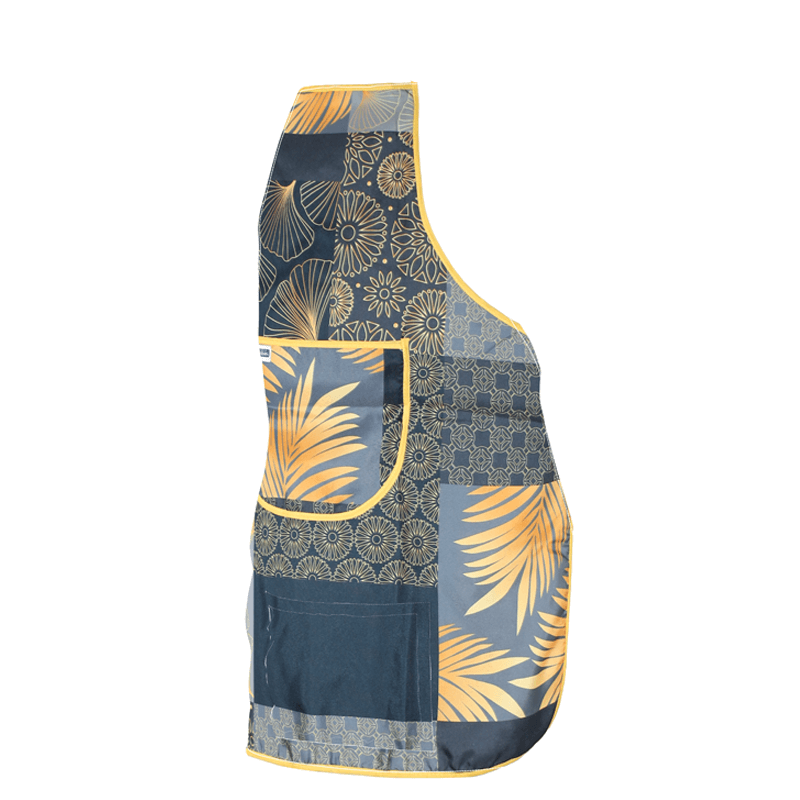 Polyester kitchen apron with gray-black ginkgo and palm leaf print.