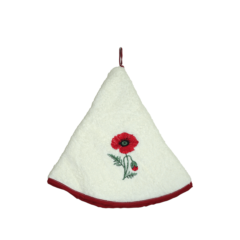 Ecru cotton kitchen towel with embroidered poppy by French Tablecloths.