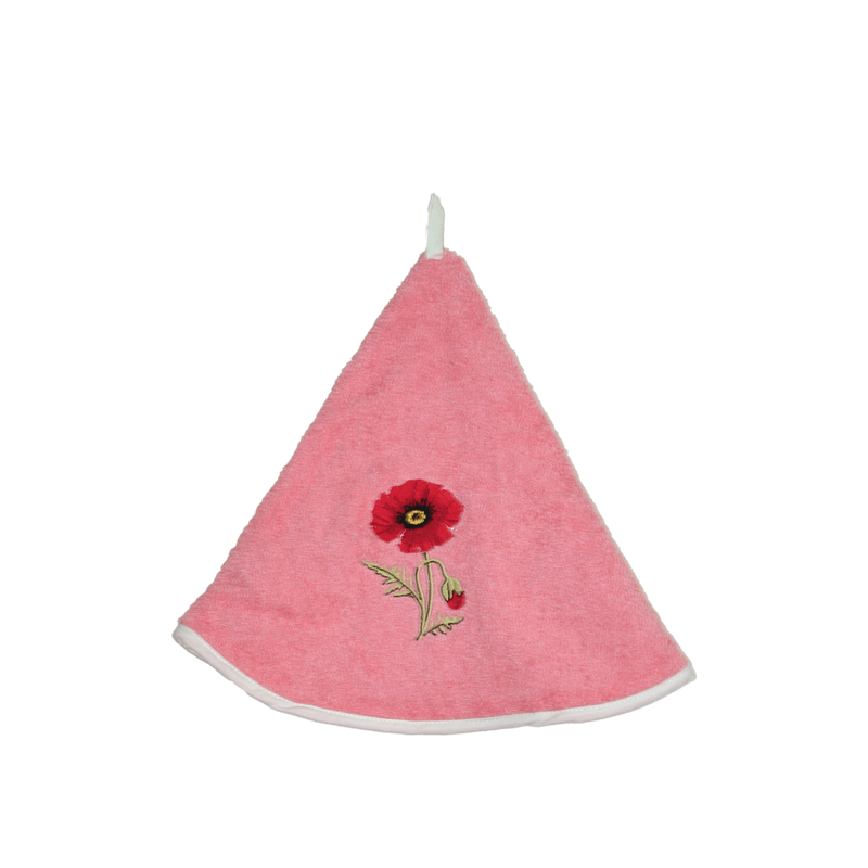 Pink cotton kitchen towel with embroidered poppy by Franse Tafelkleden.