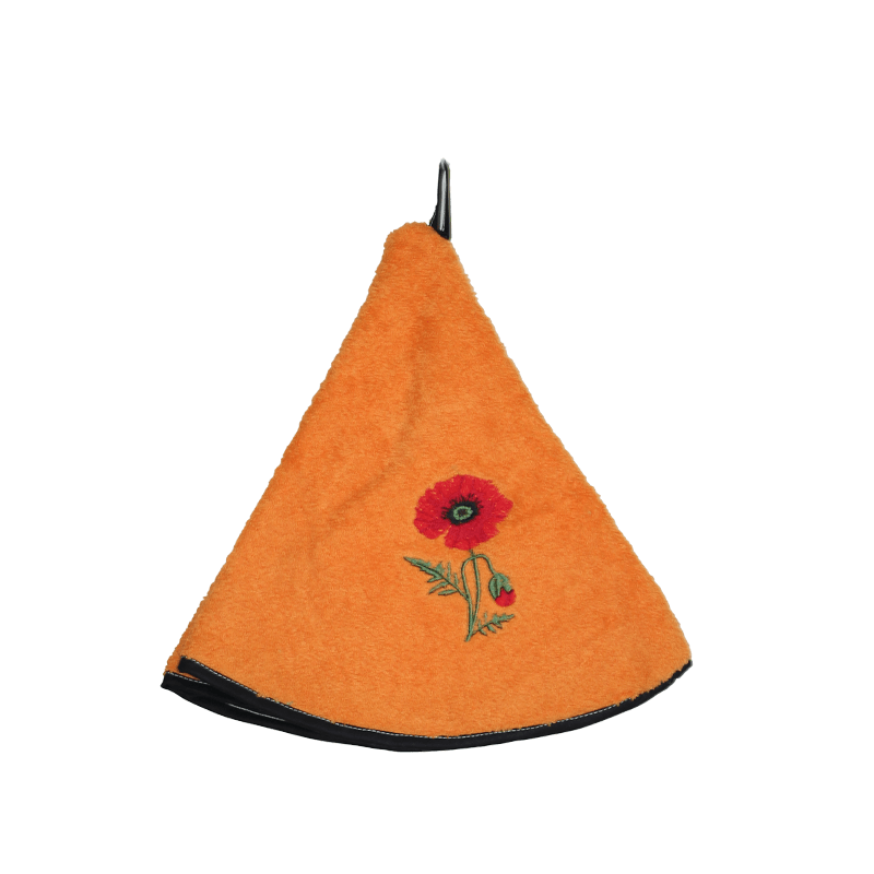 Round cotton kitchen towel with poppy design, by French Tablecloths.